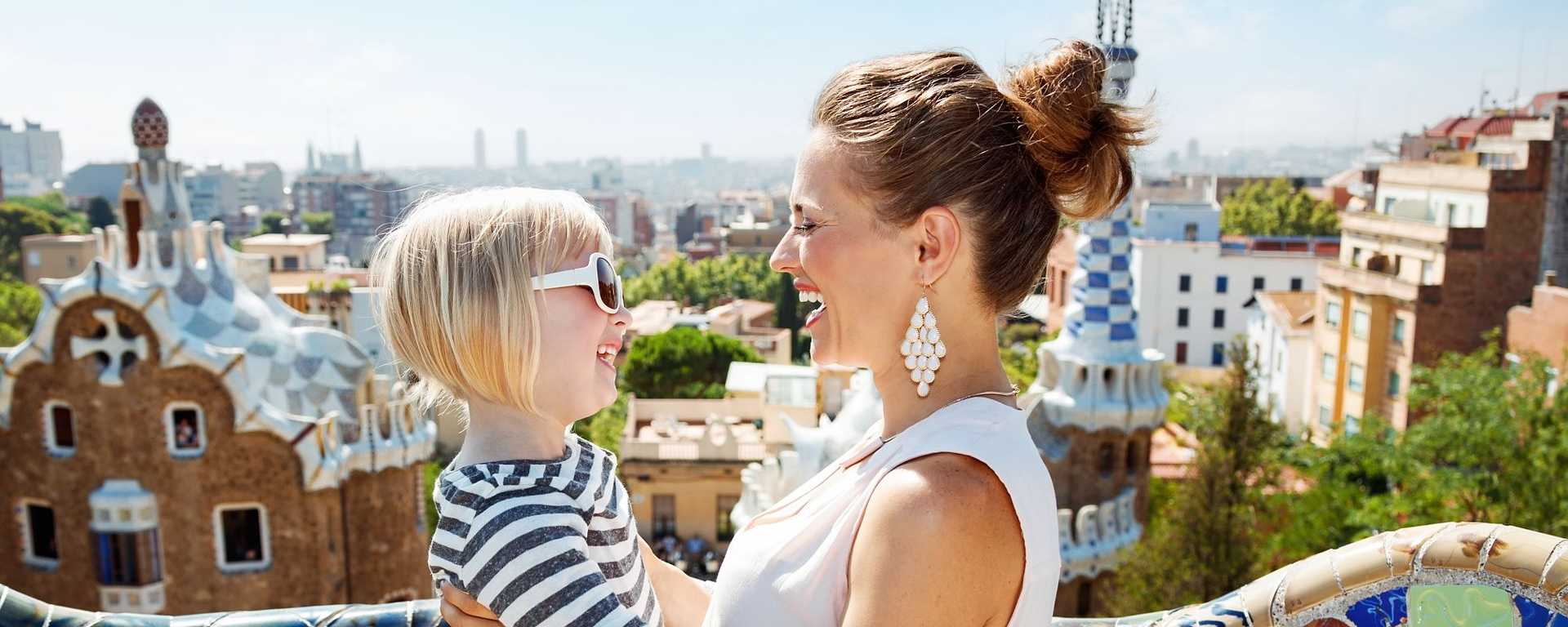 Mother and daughter at Park Guell in Barcelona, Italy