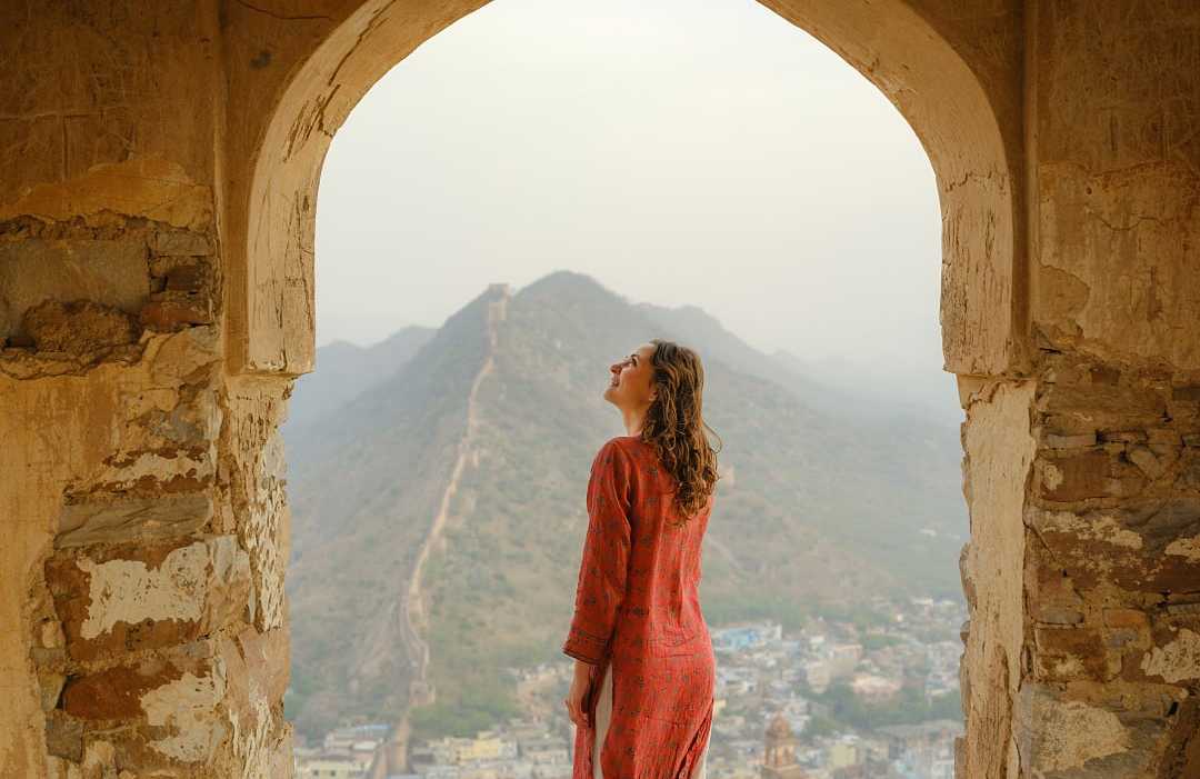 Woman standing under arch overlooking long hillside fort wall in Jaipur.