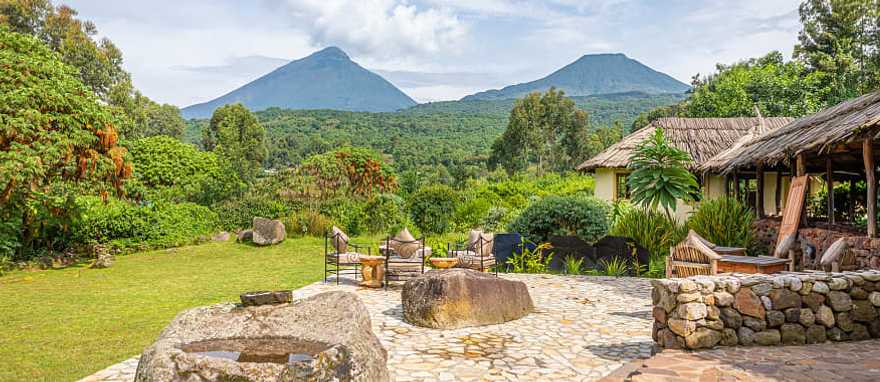 Mount Sabyinyo and Mount Gahinga, seen from a lodge in Volcanoes National Park Mount Sabyinyo and Mount Gahinga, seen from a lodge in Volcanoes National Park