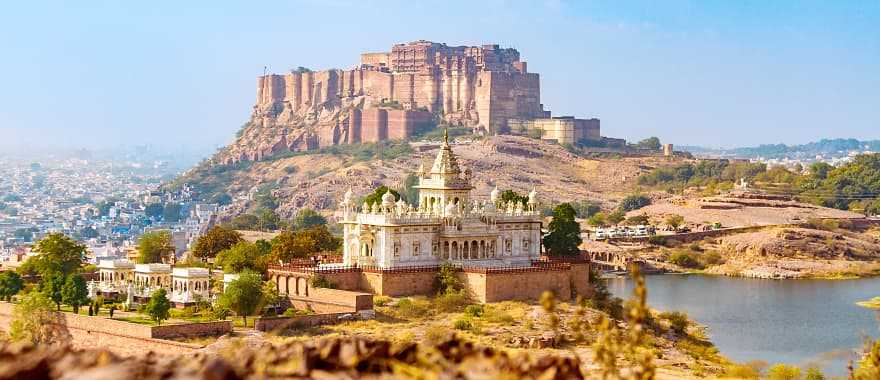 Mehrangarh Fort with the Jaswant Thada memorial in the foreground in Jodhpur, India.