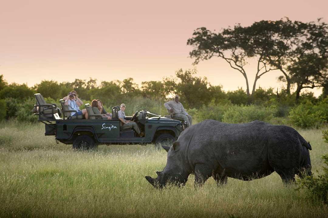 "Travelers on a safari game drive watch a rhinoceros grazing in the South African bushveld