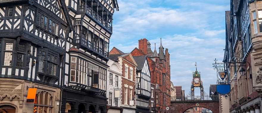 Half-timbered buildings with the Eastgate and Eastgate Clock in the old city of Chester, England