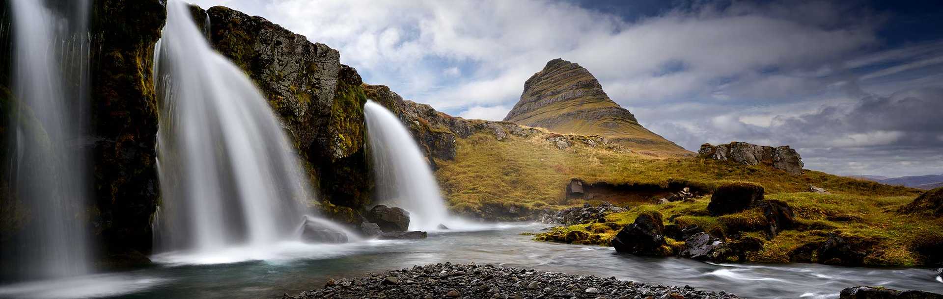 Waterfalls and Kirkjufell mountain in Iceland