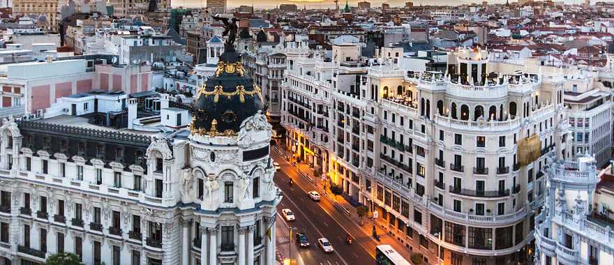 Panoramic view of the main shopping street Gran via in Madrid, Spain