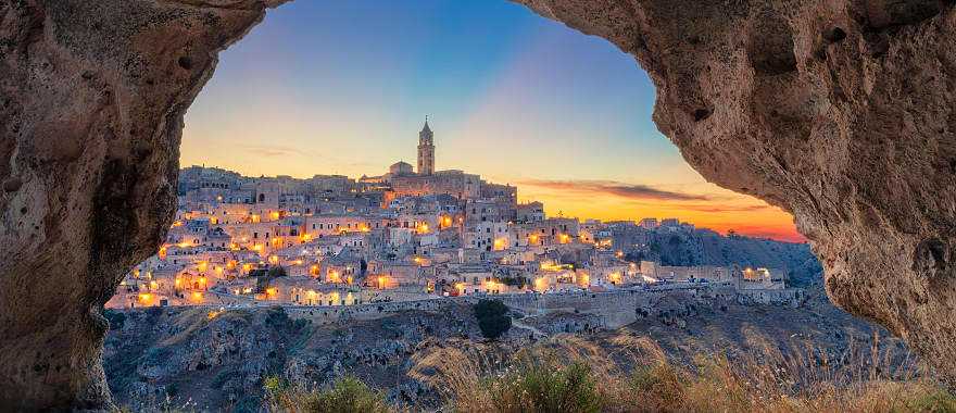 Medieval city of Matera in Southern Italy during a sunset