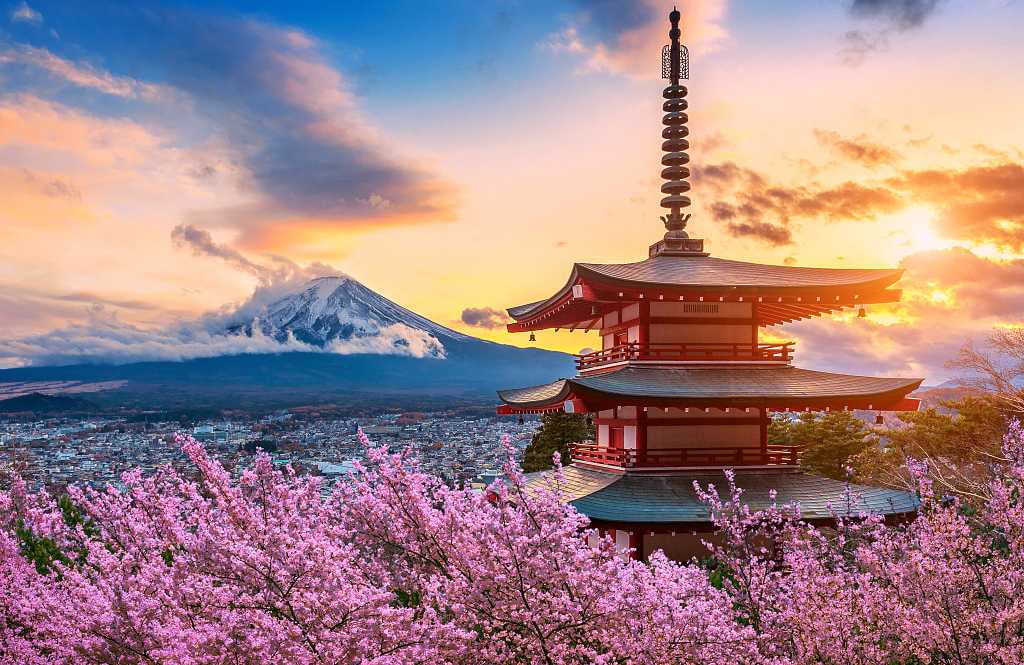 Fuji mountain and Chureito Pagoda with cherry blossoms at sunset, Japan Fuji mountain and Chureito Pagoda with cherry blossoms at sunset, Japan