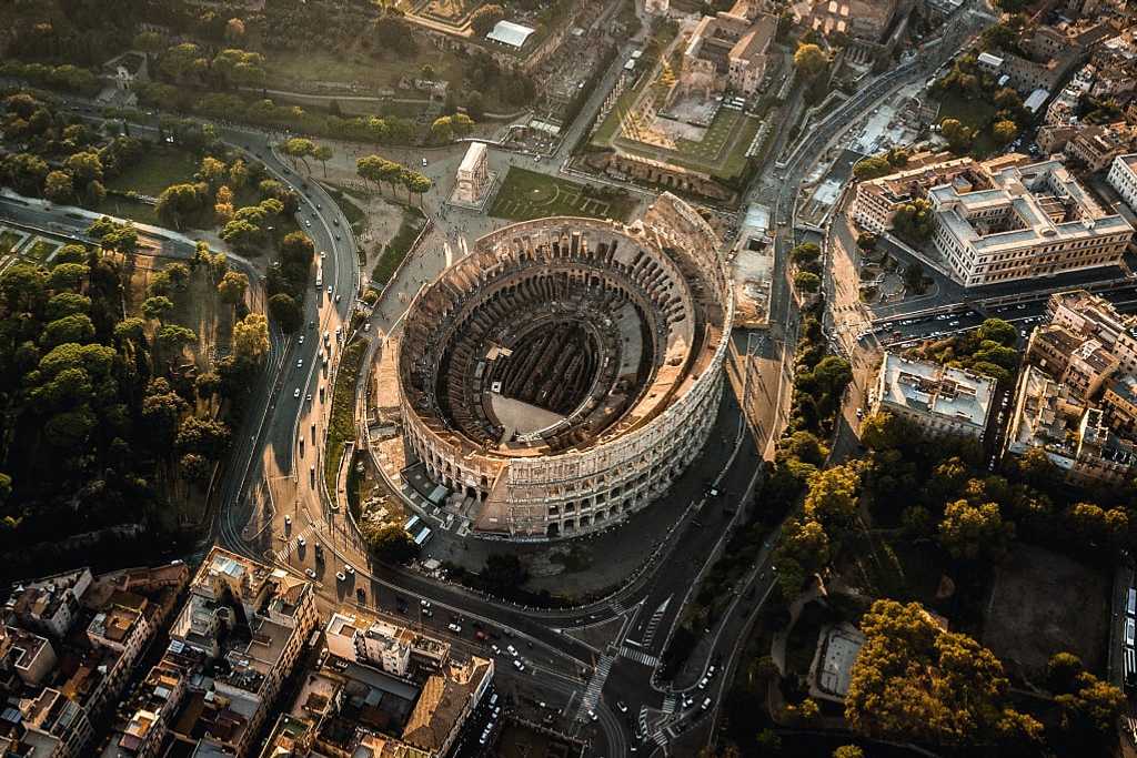 Bird's eye view of the Colosseum in Rome, Italy