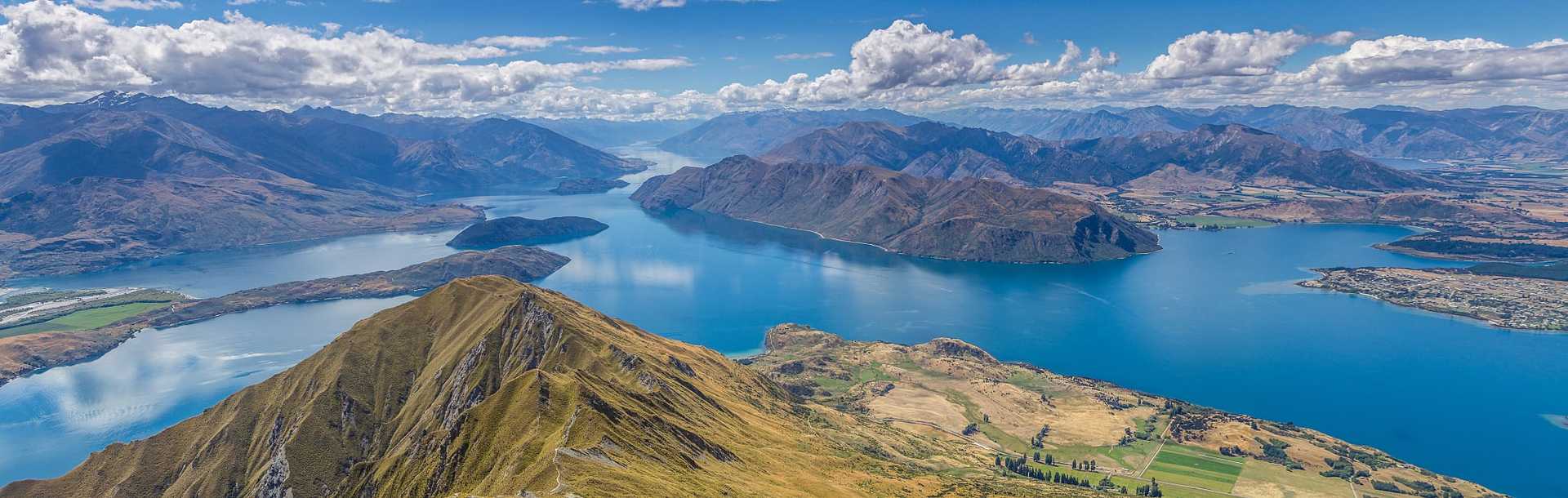 View of Lake Wanaka and surrounding mountains from Roys Peak, on the South Island of New Zealand.
