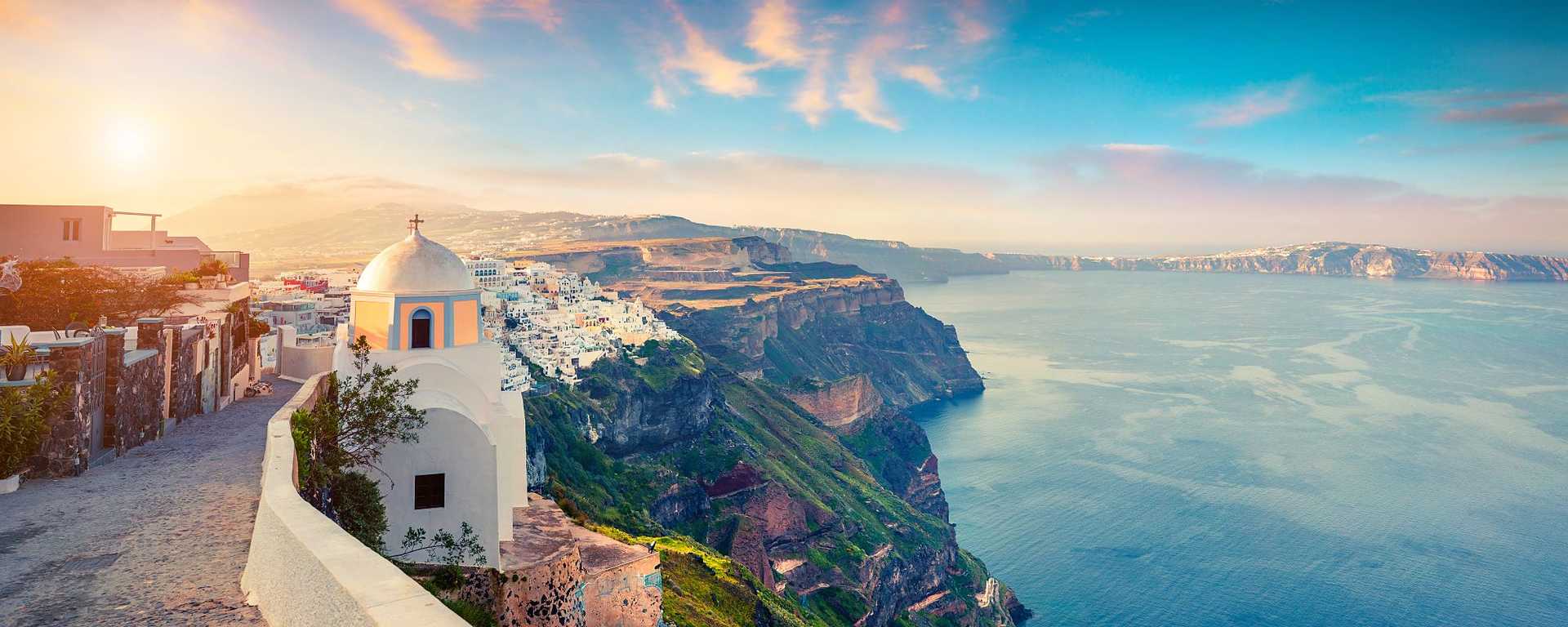 Sunny morning in Fira on Santorini Island, Greece