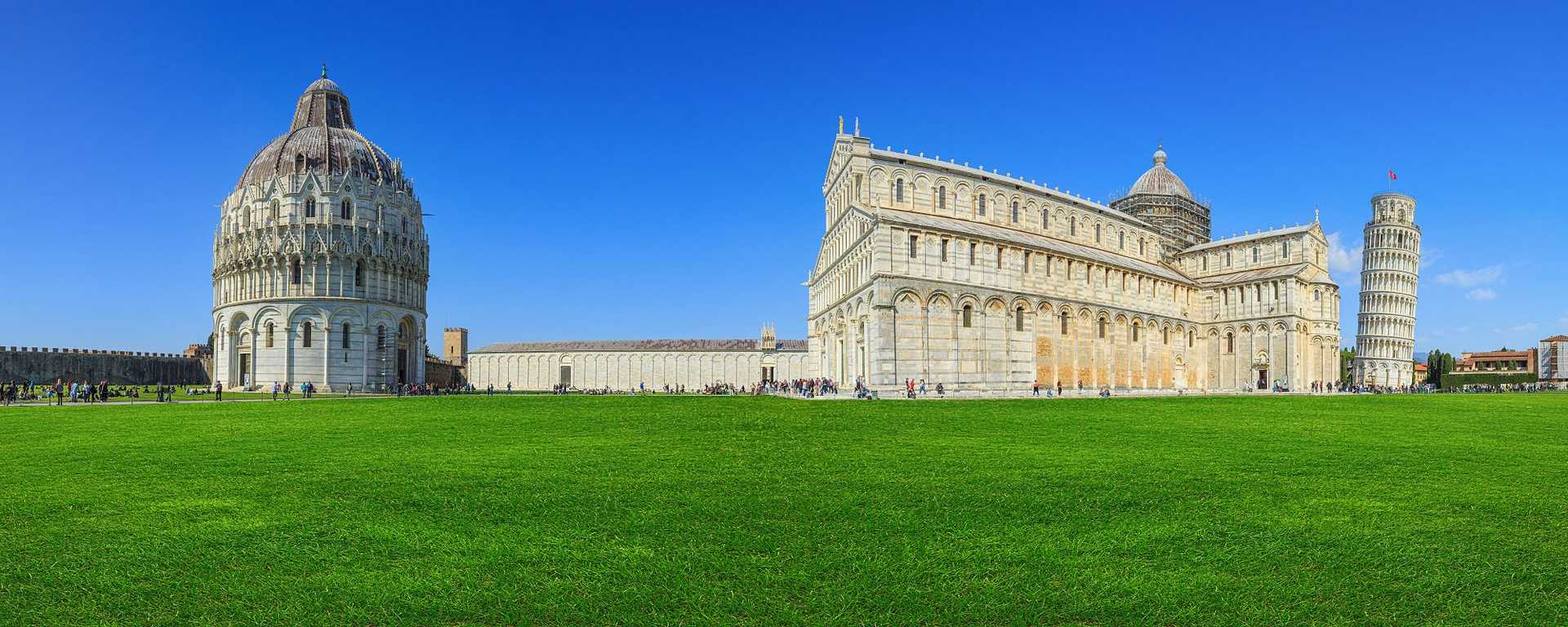 Piazza dei Miracoli complex with the Leaning Tower of Pisa in Italy