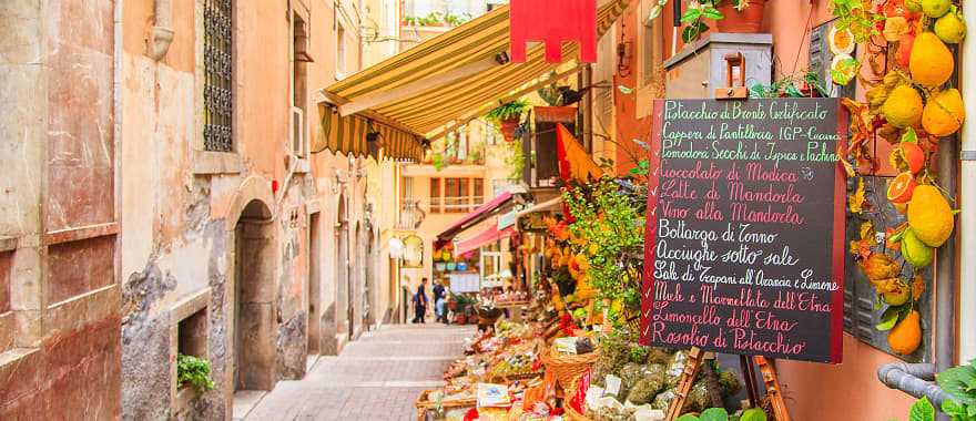 Grocery store on a street in Taormina, Sicily, Italy