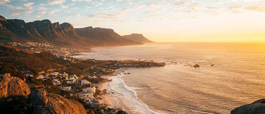 Table mountain and Cape Town at sunset in South Africa