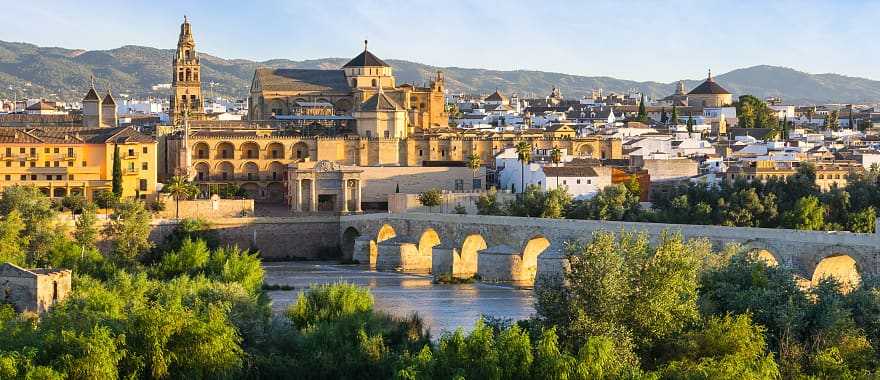 Morning view of the Cathedral, Mezquita and roman bridge in Córdoba, Spain
