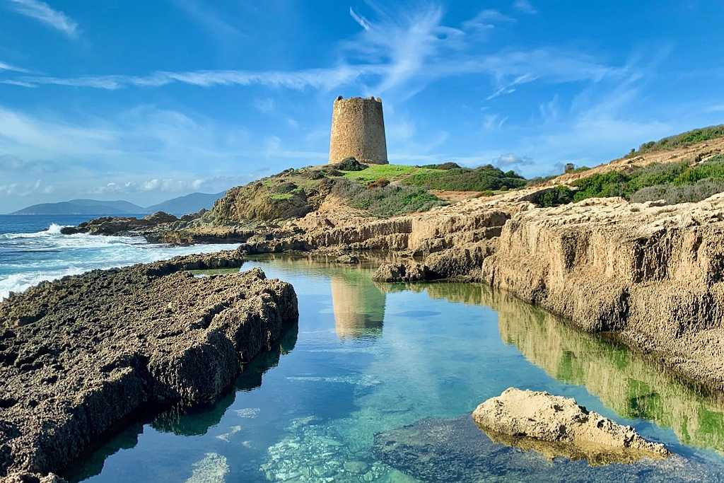 Tower ruins on the coast of Sardinia, Italy.