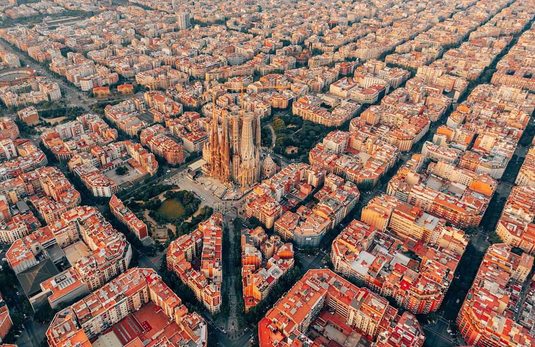 Aerial view of Barcelona, with La Sagrada Família in the center.