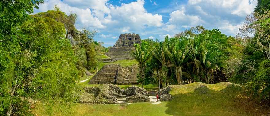 Xunantunich surrounded by lush jungle landscape in Belize