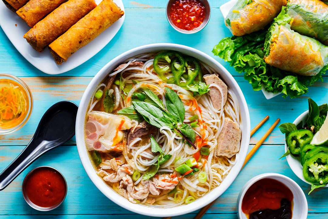 Vietnamese Pho bo with beef and spring rolls