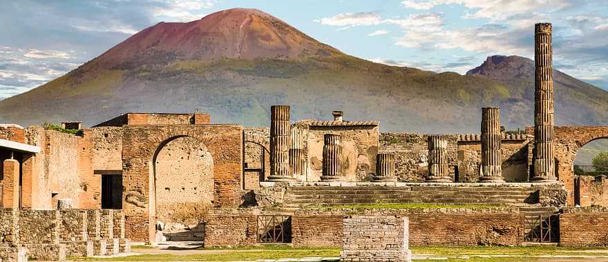 Ancient Roman city of Pompeii and Vesuvius in the background