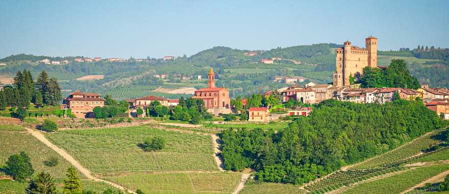 Vineyards surround the comune of Serralunga d'Alba in the Piedmont region of Italy