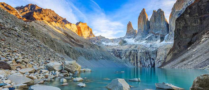 Patagonia's Three Towers and glacial lake in Torres del Paine, National Park, Chile