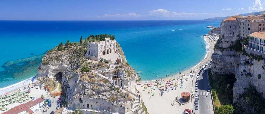 Coastline with beaches and Tropea castle in the Province of Calabria, Italy