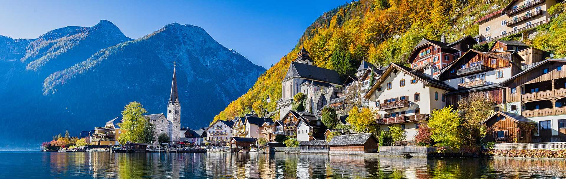 Hallstatt mountain village on Lake Hallstatt's western shore in Austria's mountainous Salzkammergut region