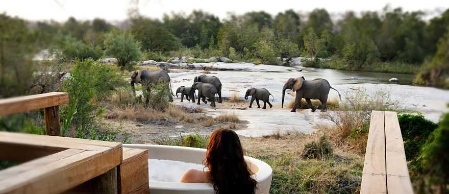 Woman bathing at private suite with river view of elephant crossing