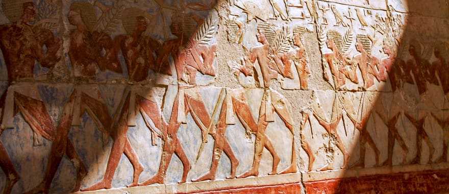 Egyptian hieroglyphs in side Queen Hatshepsut Temple in Valley of the Kings, Egypt
