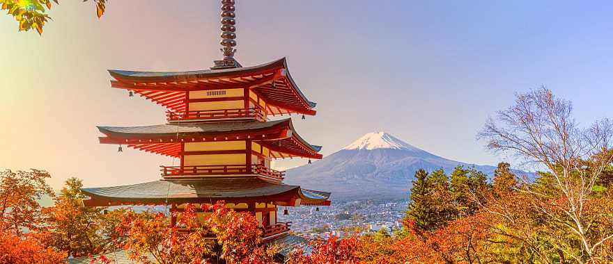 Chureito pagoda with autumn trees and Mt Fuji in the distance, Japan