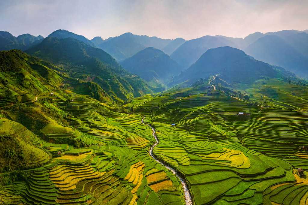 Rice terraces in mountainous countryside of Mu Cang Chai in the Yen Bai Province of Vietnam