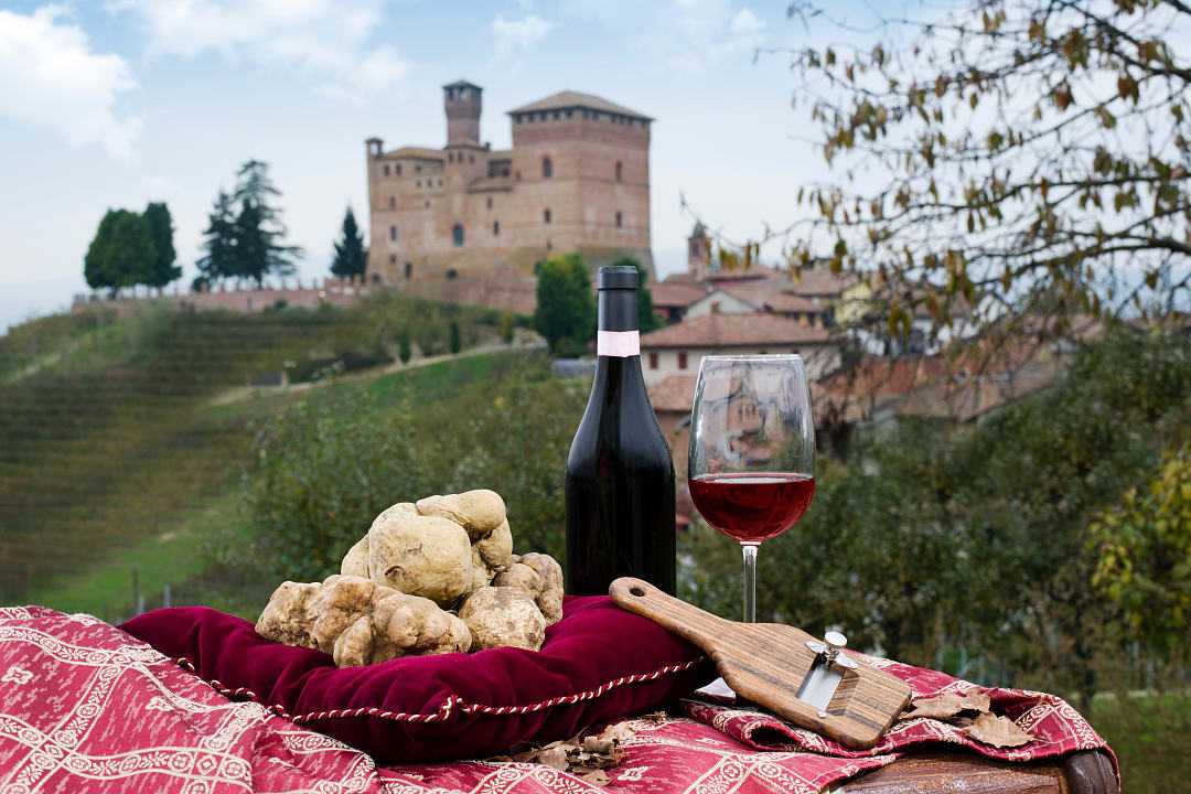 White Pidemont truffles and glass of wine with castle in the background in Piedmont, Italy