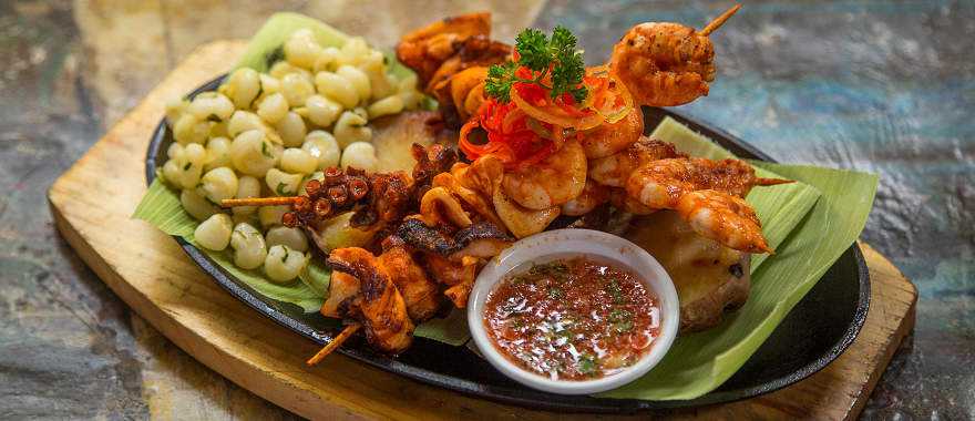 Shrimp and octopus main coarse at restaurant Chorillos District of Lima, Peru