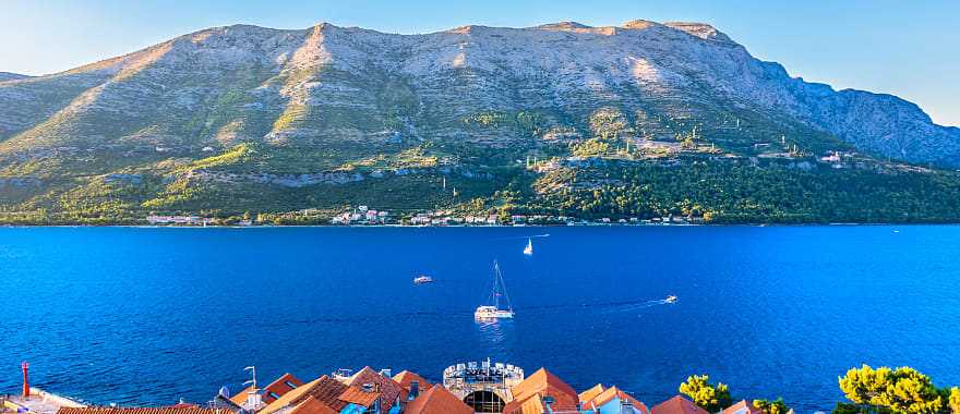 Korcula town and Peljeski Channel in Dalmatia region, Croatia