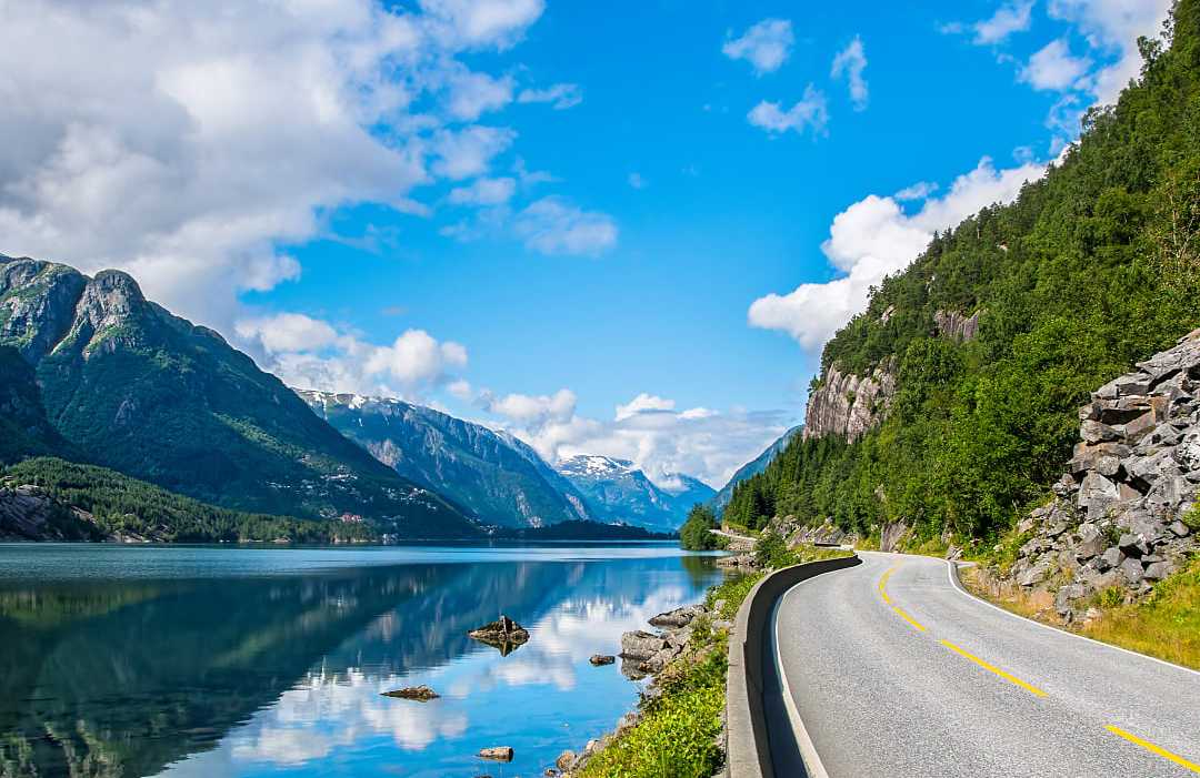 Norwegian Fjord and Mountains Road during summer time in the Norwegian moungtains