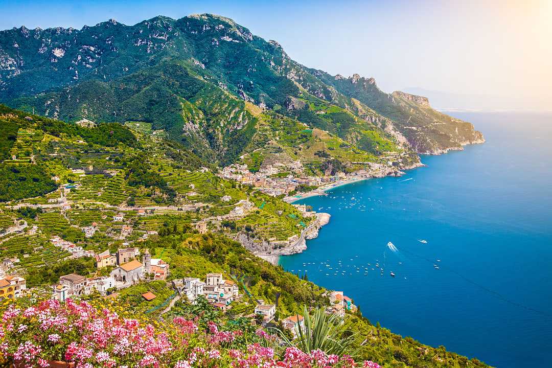 View of the Amalfi Coast from Villa Rufalo gardens in Ravello, Italy