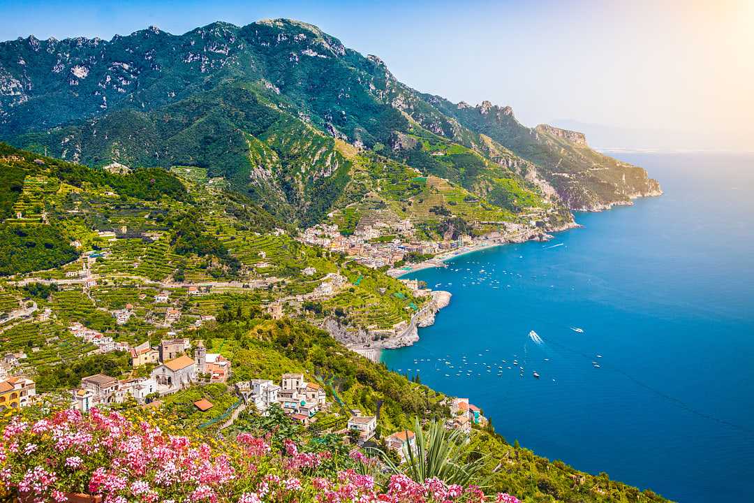 View of the Amalfi Coast from Villa Rufalo gardens in Ravello, Italy