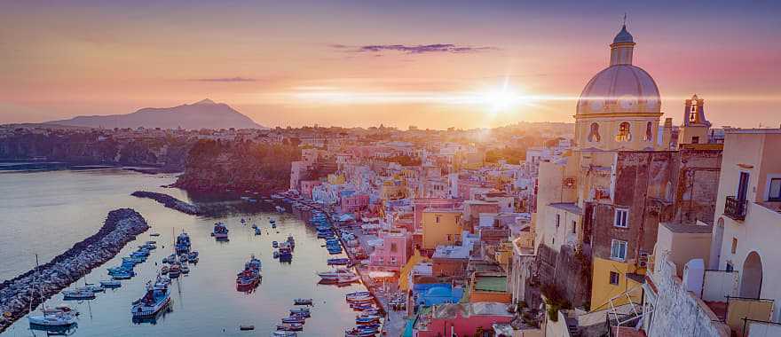 Romantic sunset over Procida, one of the Flegrean Islands off the coast of Naples in southern Italy