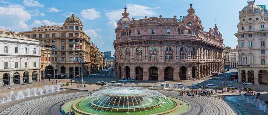 The main square, Piazza Ferrari in Genoa, connects the historic center and the more modern part of the city, Northern Italy.