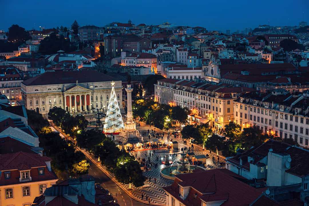 Christmas tree and lights at Rossio square in Lisbon, Portugal