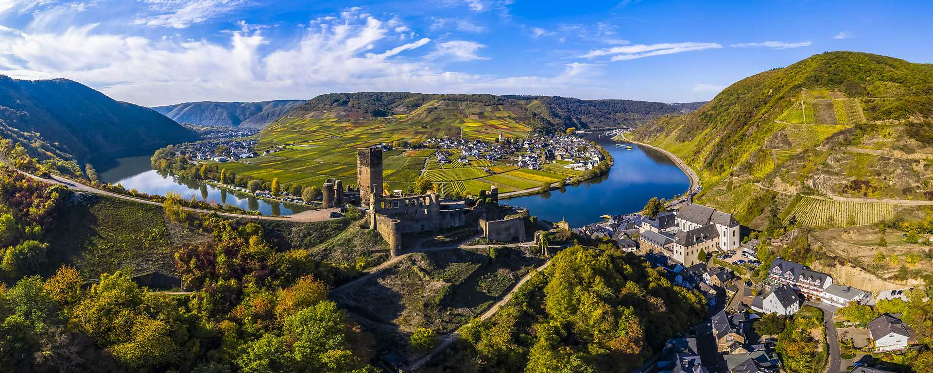 Vineyards and castle along the Moselle river in Poltersdor in the Cochem-Zell district in Rhineland-Palatinate, Germany