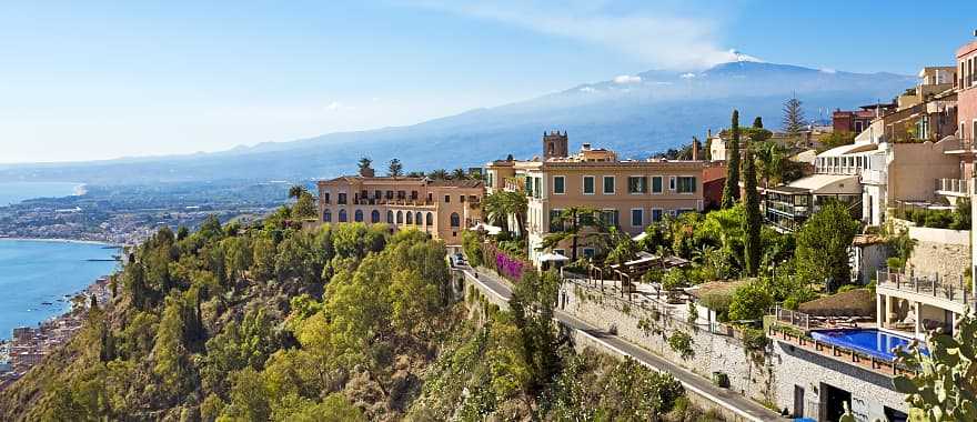 View of the city of Taormina and Mount Etna, Sicily