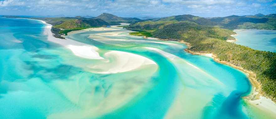 Aerial view of the Whitsunday Islands in Australia.