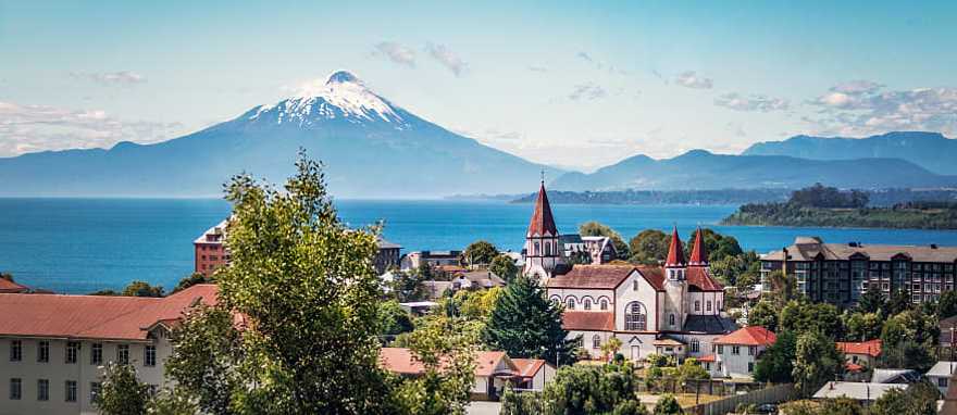 Puerto Varas, Chile Puerto Varas with Sacred Heart church and Osorno Volcano in Chile