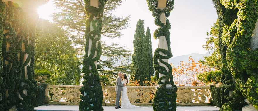 Couple eloping at Villa del Balbianello on Lake Como, Italy