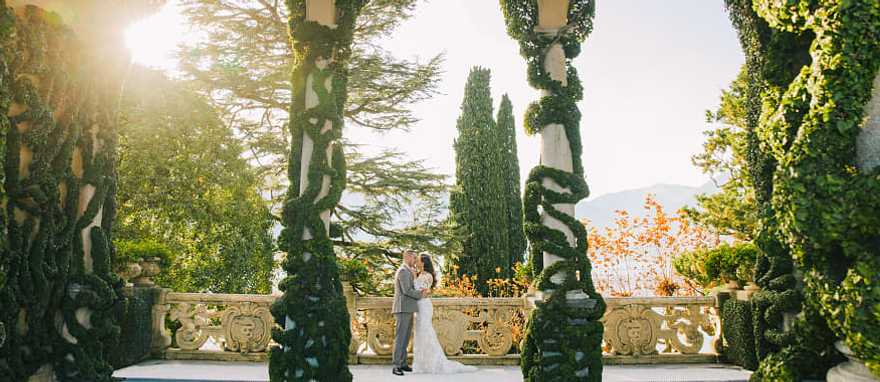 Couple eloping at Villa del Balbianello on Lake Como, Italy Couple eloping at Villa del Balbianello on Lake Como, Italy