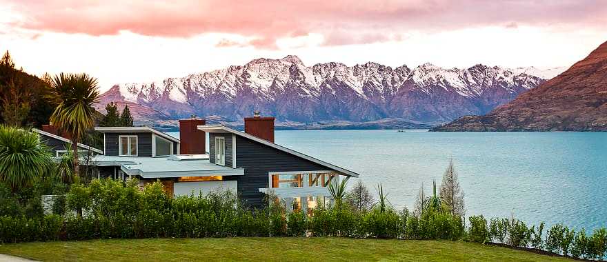 Matakauri Lodge on the shores of Lake Wakatipu with views of the Remarkables mountains in Queenstown, New Zealand