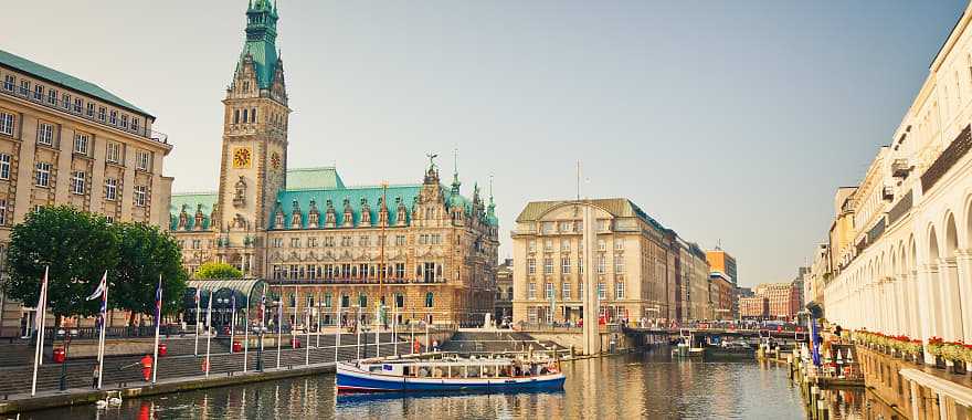 Beautiful view of Hamburg city center with town hall and Alster river