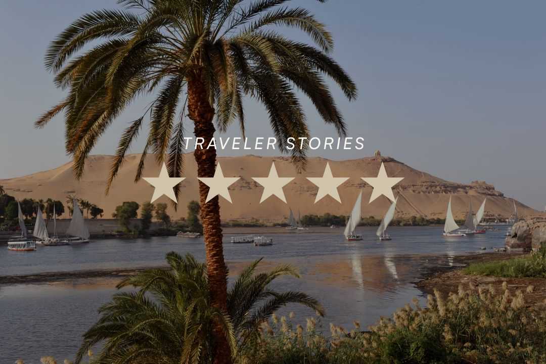 Feluccas on the Nile near sand dunes in Aswan, Egypt, with five-star traveler story graphic