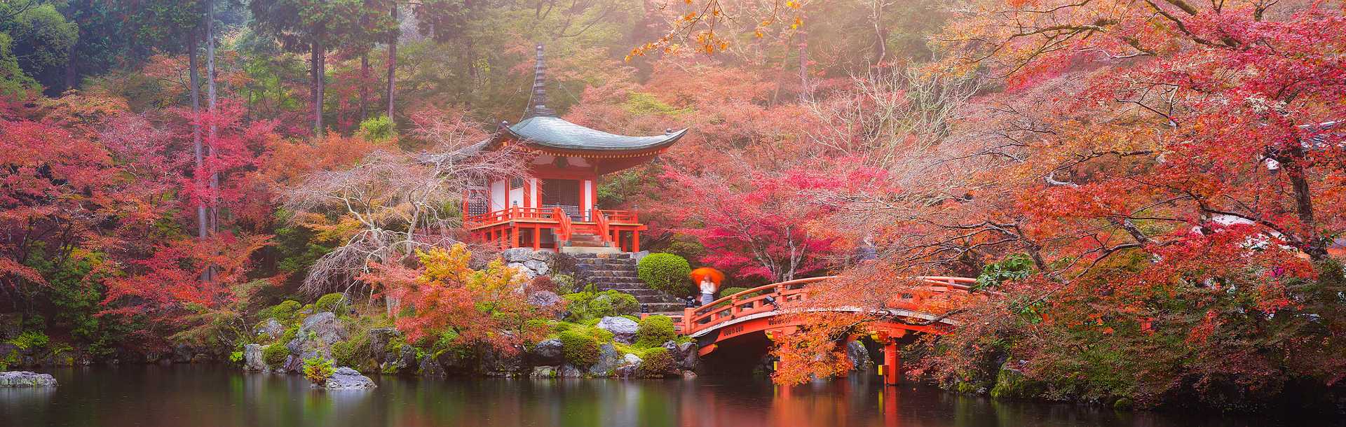 Vibrant autumn colors surround Daigo-ji temple in Kyoto, Japan