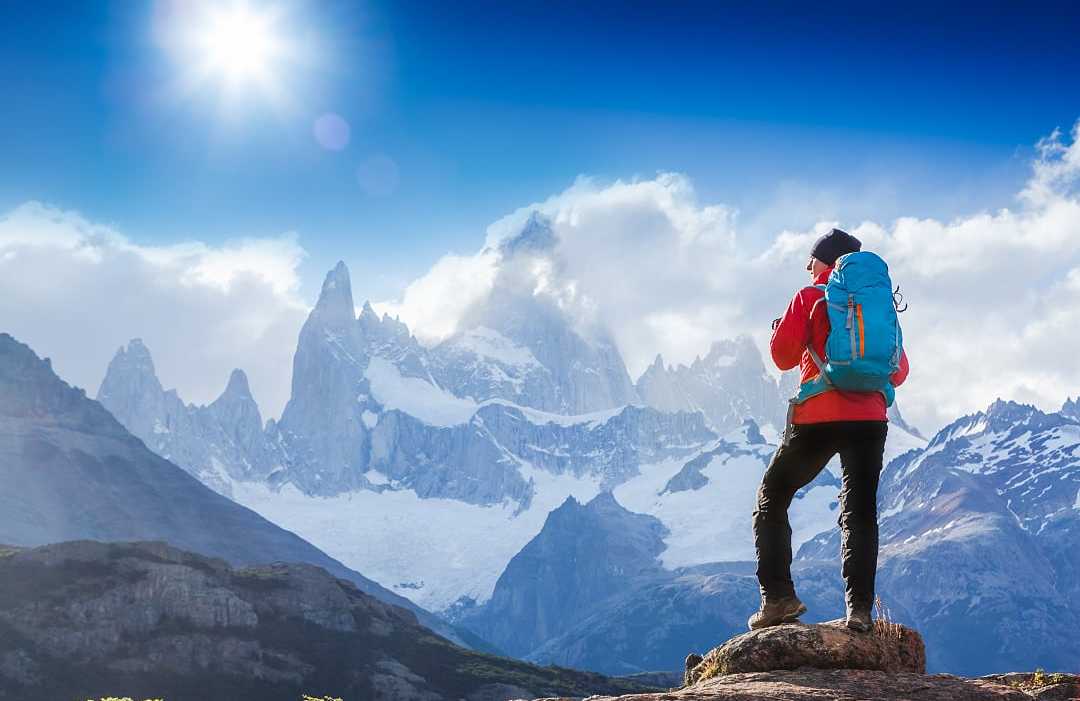 Mout Fitz Roy in Patagonia Hiker stopping to admire Mount Fitz Roy in Patagonia